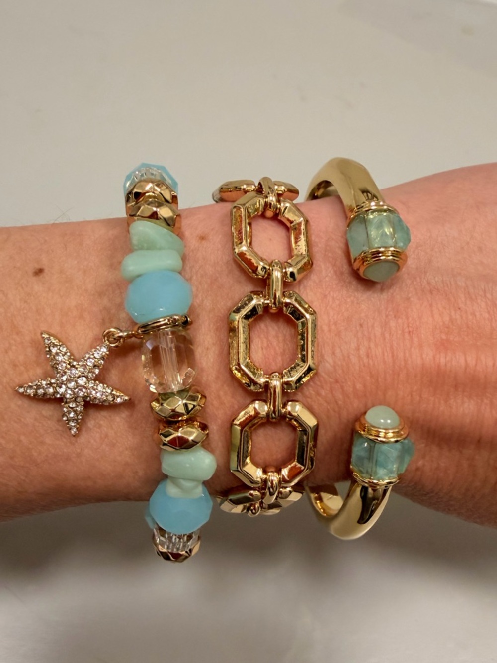 BOMB PARTY!! Gold-Tone Bracelet Stack with Aqua Beads and Star Charm